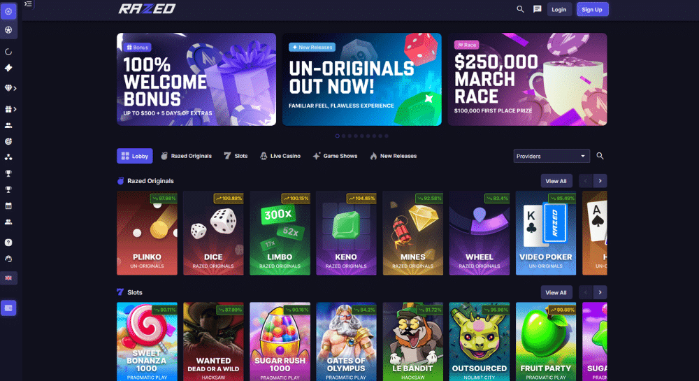 Razed Casino Homepage