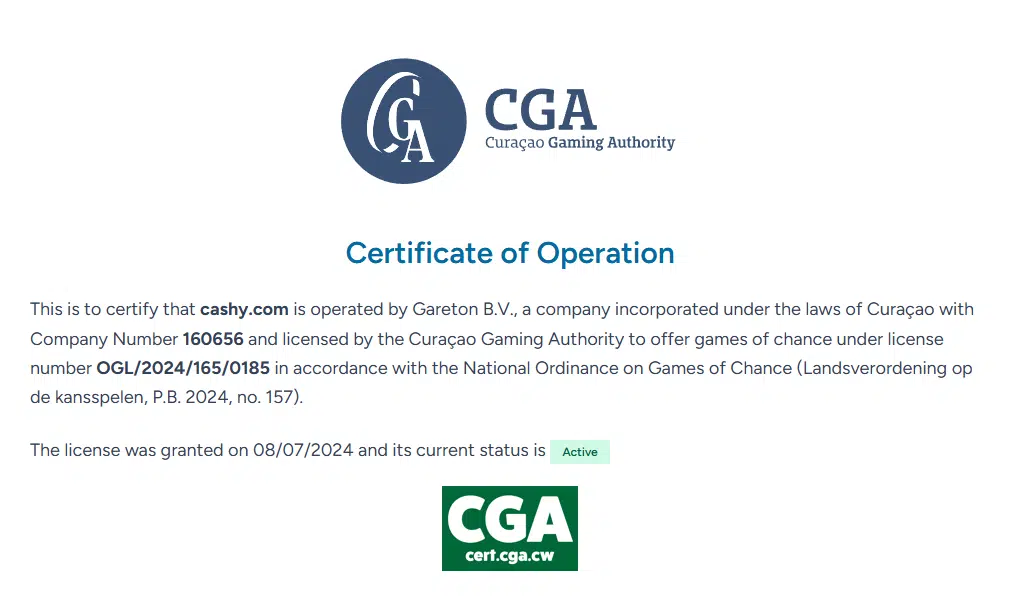 cashy casino license