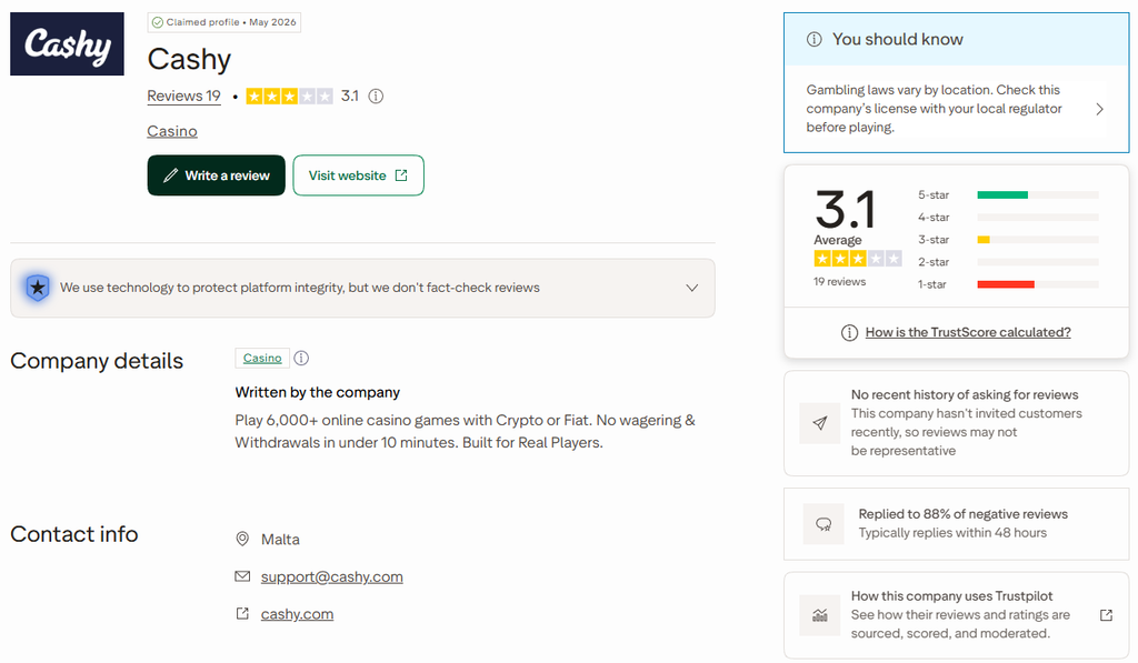 cashy casino trustpilot